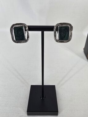Dark Green Rectangular Stone Silver-Tone Stud Earrings